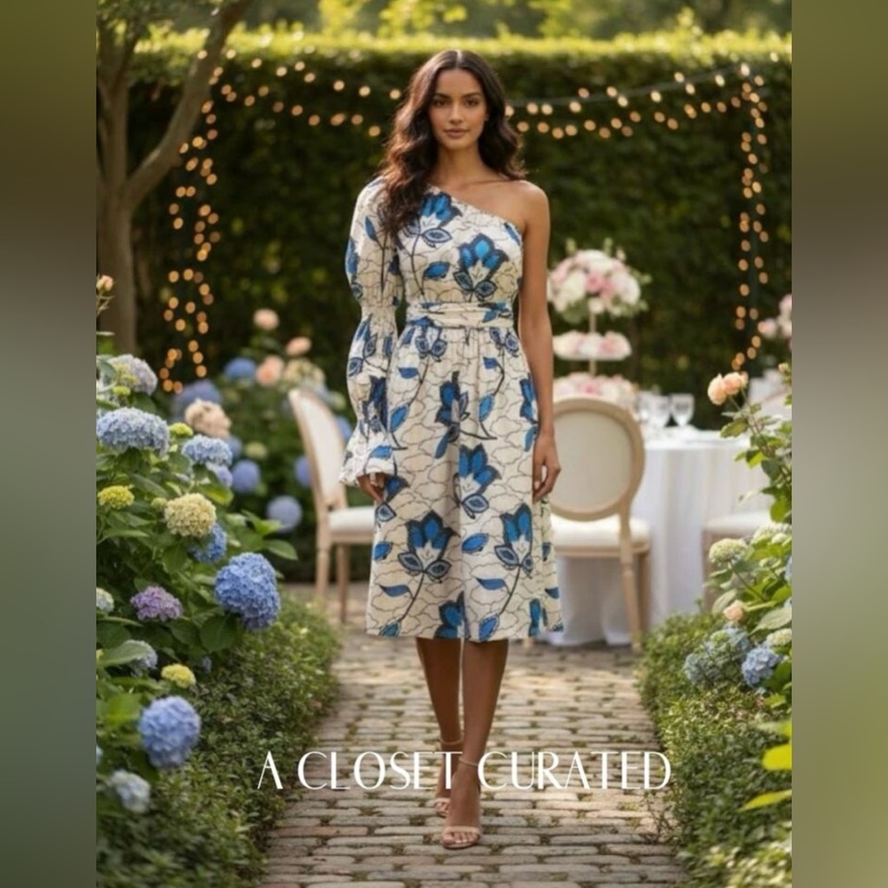 Autumn Adeigbo Blue‎ Floral One Shoulder Puff Sleeve Cutout Midi Dress Size 4
